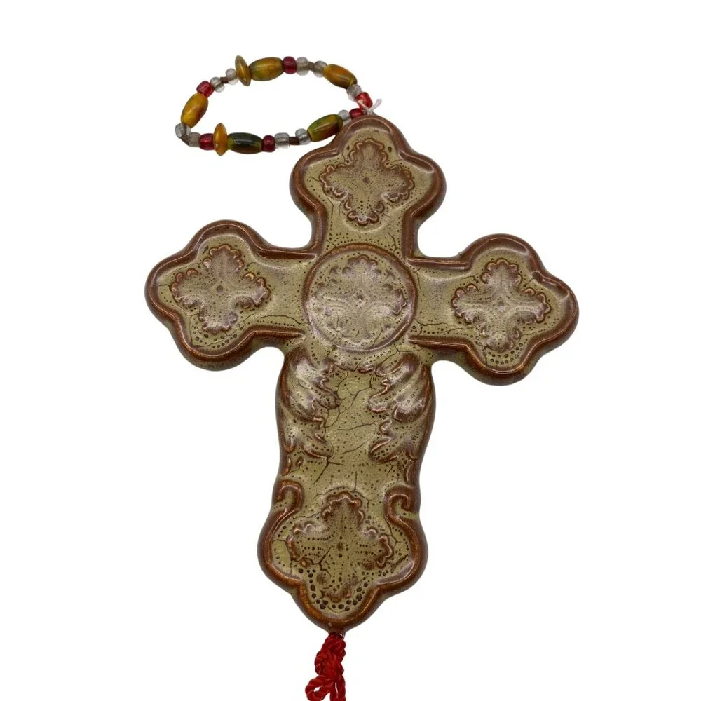 Ceramic hand made hanging cross ornaments hand painted Mexican‎ pottery